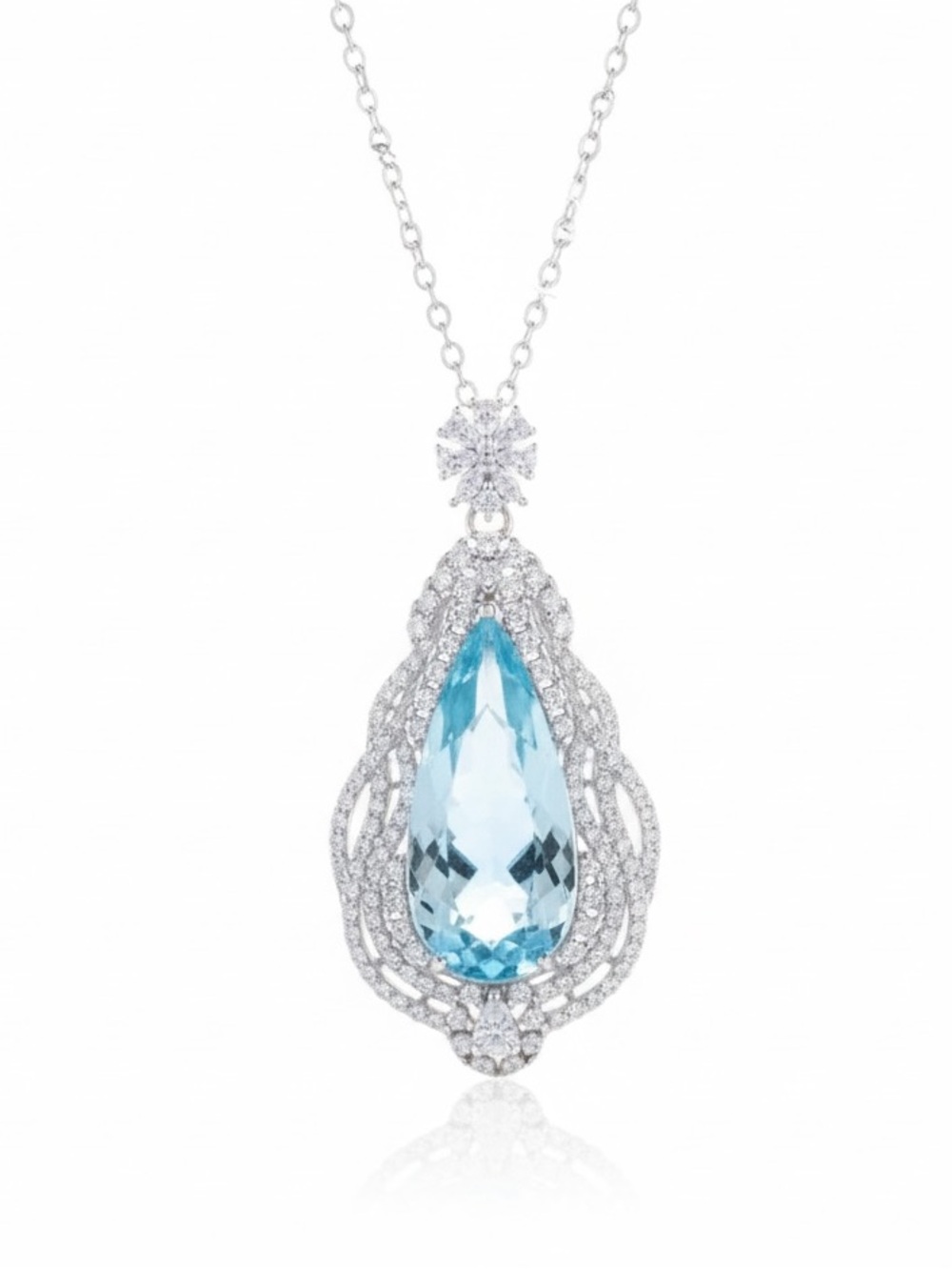 SILVER BLUE CZ VICTORIAN STYLE PENDANT NECKLACE